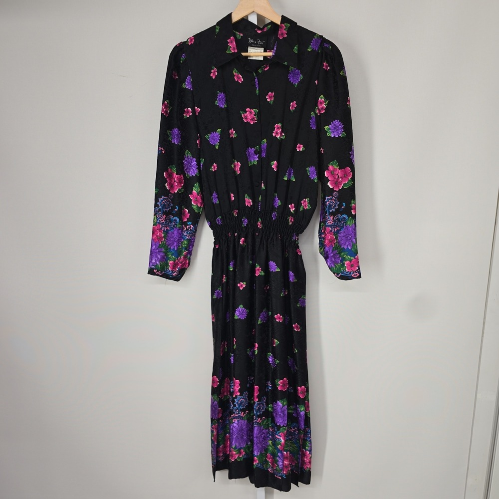 Diane Freis Original Vintage 100% Silk Floral Jacquard Smocked‎ Midi Dress Black